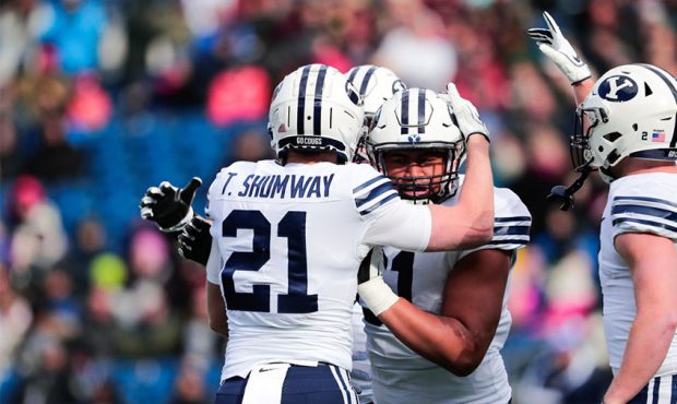 The BYU Cougars celebrate on Saturday. They beat the UMass Minutemen 35-16. (Photo Courtesy of BYU ...