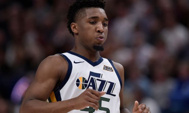 SALT LAKE CITY, UT - OCTOBER 19: Donovan Mitchell #45 of the Utah Jazz runs up court in a NBA game ...
