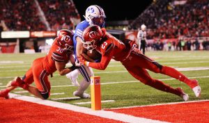 Utah Utes linebacker Cody Barton (30) and Utah Utes defensive back Julian Blackmon (23) gang up to stop Brigham Young Cougars running back Matt Hadley (2) at the goal line as BYU and Utah play at Rice Eccles Stadium in Salt Lake City on Saturday, Nov. 24, 2018. (Scott Winterton, Deseret News)