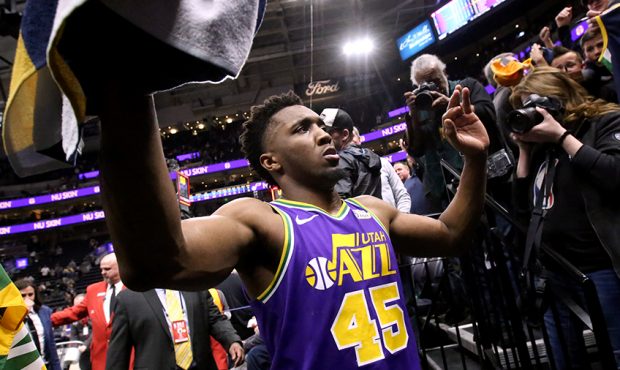 Utah Jazz guard Donovan Mitchell (45) leaves the court after the Utah Jazz beat the Washington Wiza...