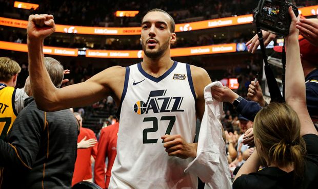 Utah Jazz center Rudy Gobert leaves the court after beating Atlanta at Vivint Smart Home Arena in S...