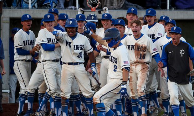 Action in the Pleasant Grove versus Lone Peak 6A high school baseball championship game at the UCUU...