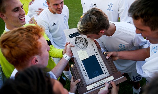 Sky View celebrates after defeating Desert Hills in the 4A boys soccer championship at Rio Tinto St...