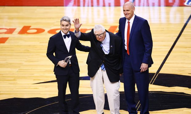 Former NBA coach Frank Layden (center) is honored with the lifetime achievement award by David Foge...