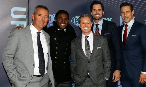 (L-R) Urban Meyer, Reggie Bush, Rob Stone, Matt Leinart and Brady Quinn attend the 2019 FOX Upfront...
