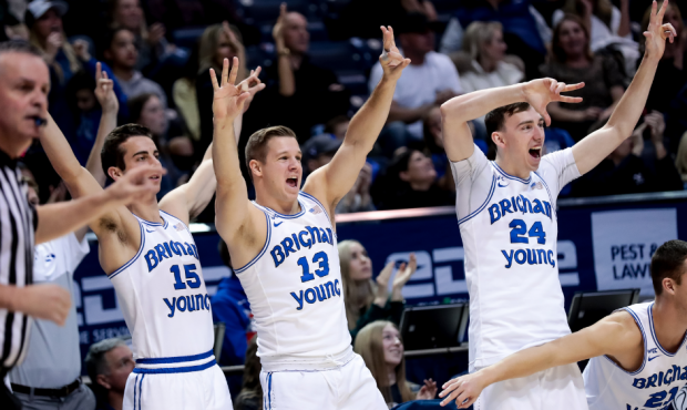 Brigham Young Cougars react after scoring against the Loyola Marymount Lions during the game at the...