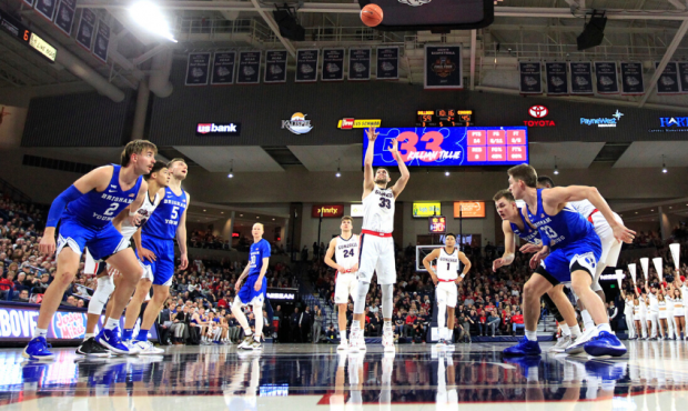 SPOKANE, WASHINGTON - JANUARY 18: Killian Tillie #33 of the Gonzaga Bulldogs takes a free throw aga...