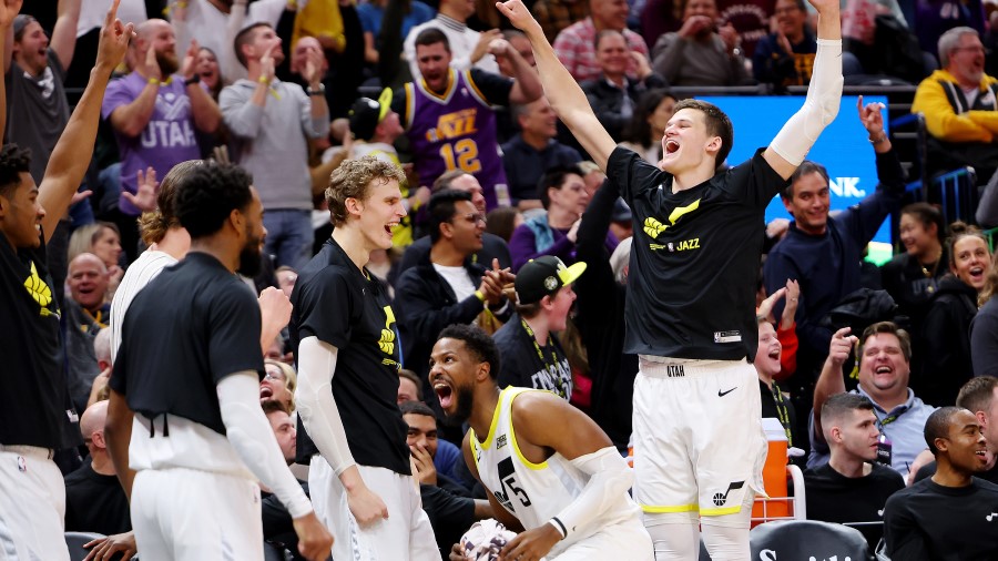 Utah Jazz bench celebrates...