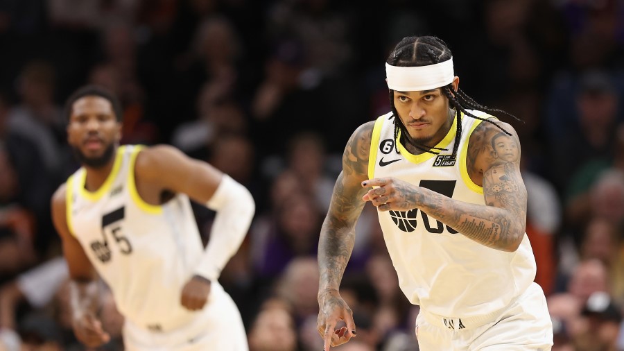 Malik Beasley and Jordan Clarkson of the Utah Jazz...