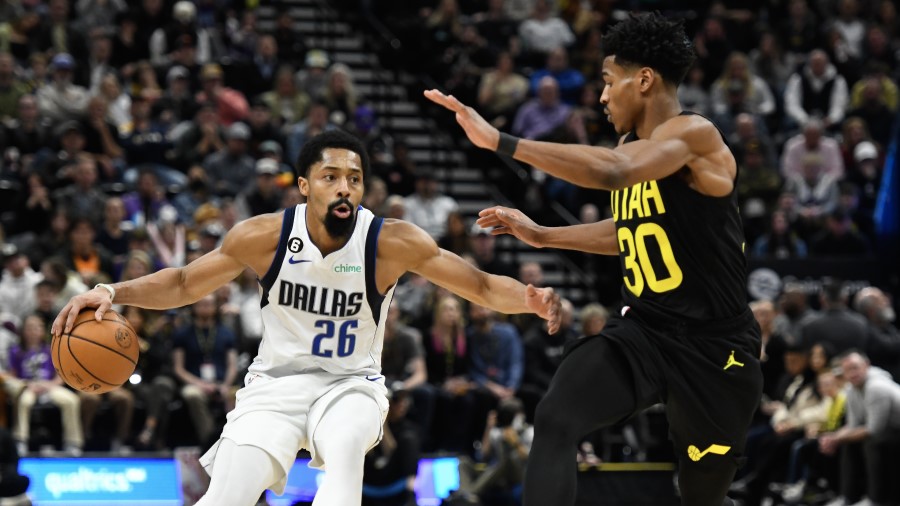 Utah Jazz forward Ochai Agbaji defends Dallas Maveicks guard Spencer Dinwiddie...