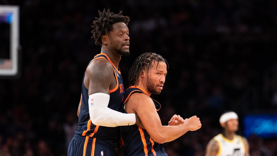 New York Knicks players Julius Randle and Jalen Brunson against the Utah Jazz...