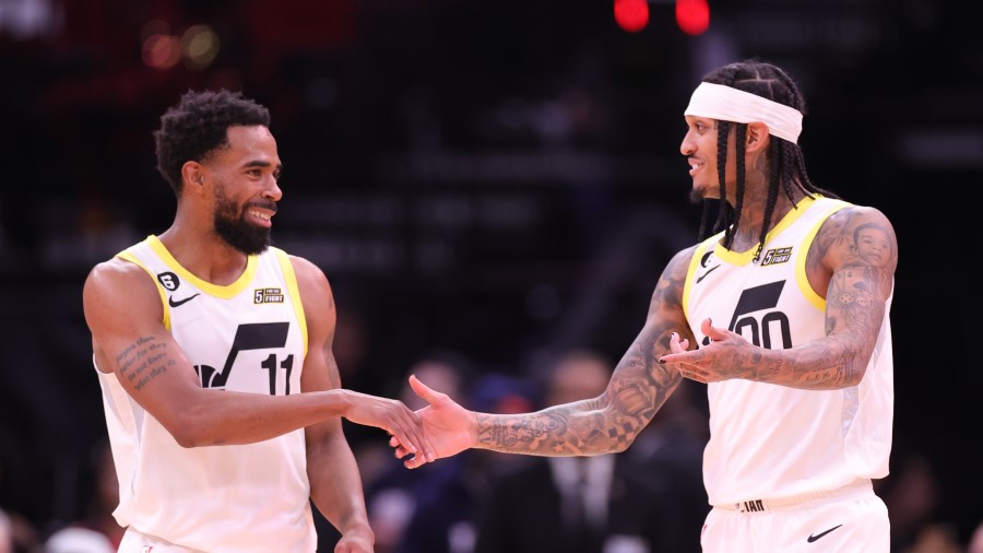 Utah Jazz guard Mike Conley and Jordan Clarkson...