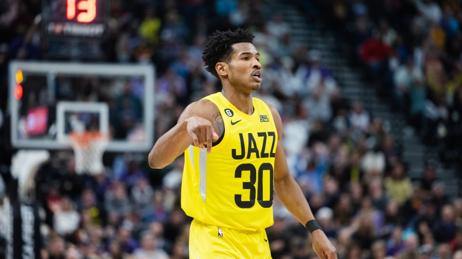 Utah Jazz guard Ochai Agbaji (30) reacts during an NBA game against the Sacramento Kings...
