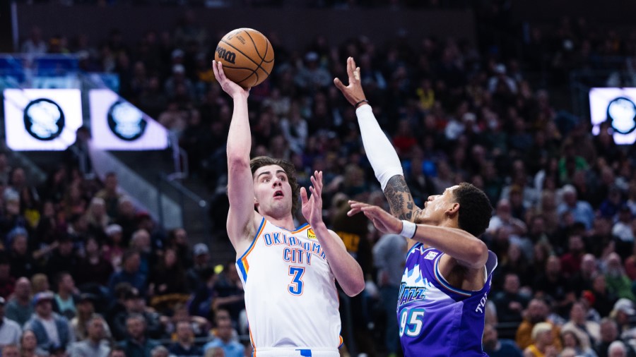 Oklahoma City Thunder guard Josh Giddey (3) takes a shot attempt against Utah Jazz forward Juan Tos...