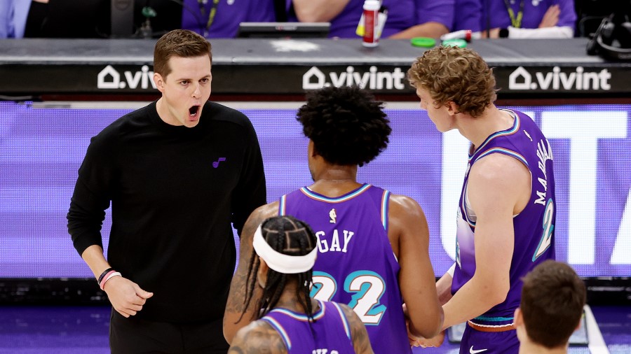 Utah Head Coach Will Hardy yells instructions to Utah Jazz players...