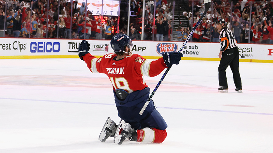 Matthew Tkachuk #19 of the Florida Panthers celebrates his game-winning goal...