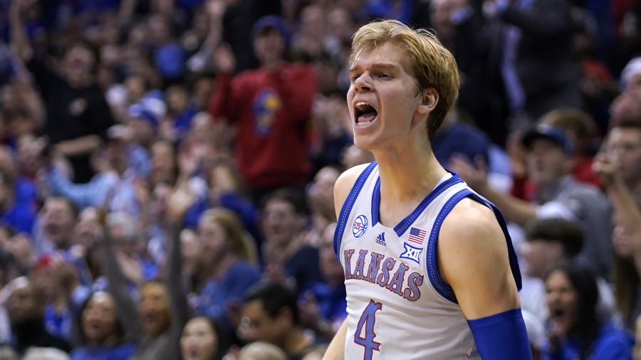 Gradey Dick #4 of the Kansas Jayhawks (Photo by Ed Zurga/Getty Images)...
