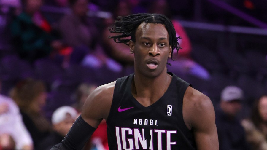 Leonard Miller #11 of G League Ignite brings the ball up the court...