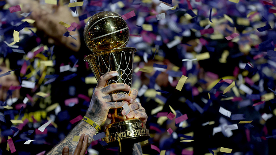 A detail view of the Bill Russell NBA Finals Most Valuable Player Award won by Nikola Jokic #15 of ...