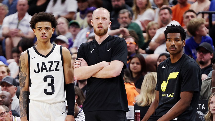 Utah Jazz guard Keyonte George (3) and Utah Jazz guard Ochai Agbaji (30) watch the game with assist...