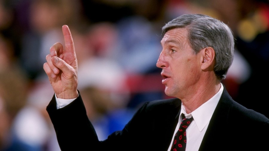 Jerry Sloan of the Utah Jazz looks on during a game against the Denver Nuggets...